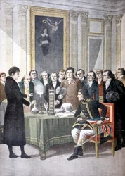 Alessandro Volta, demonstrating his pile battery to Napoleon