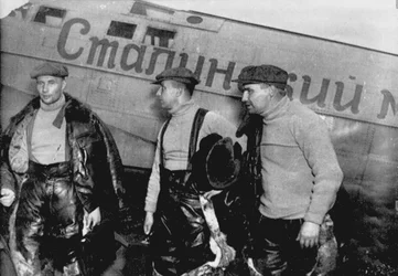 Alexander Belyakov, Georgiy Baidukov and Valery Chkalov by Their Plane
