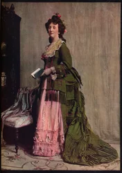 An Afternoon Dress of Green and Pink Silk, Very Typical of the Modes Between 1868 and 1878, c1913