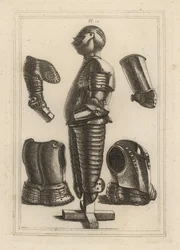 Ancient suit of bright armour for John de Courcy, Earl of Ulster, and pauldron, garde-brass, avant-brass or vambrace of Duke of Monmouth