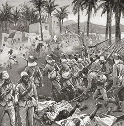 Anglo-Egyptian troops storm the village of Ferkeh at the Battle of Ferkeh or Firket, 7 June 1896, during the Mahdist War
