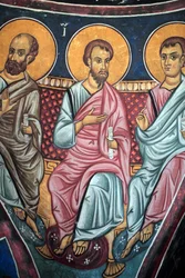 Apostles Representation Around Christ and the Last Judgement (Detail) of the Byzantine Fresco from the Narthex Vault of the Church of Asinou, Last Judgement Scene, 14th Century (1332) UNESCO, World Cultural Heritage Site, Troodos Region, Cyprus