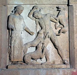 Archaic metope showing Actaeon and Artemis, 5th century BC