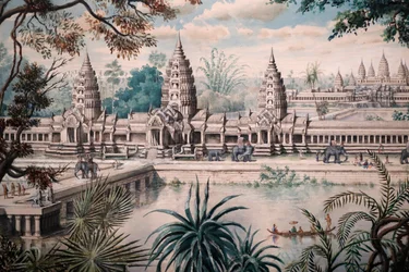 View of Angkor Wat, Print based on a drawing by Jacques Guiaud after a sketch by Henri Mouhot, View of Angkor Wat by Louis Delaporte around 1870-73, Singapore, 2018