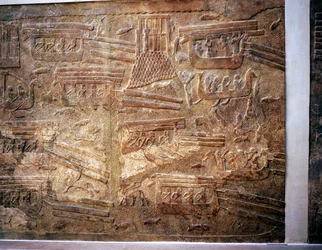 Assyrian relief showing transport of timber from Lebanon by water, Khorsabad, 8th century BC