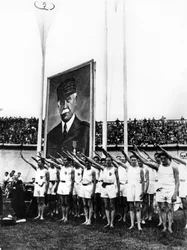 Athletes giving the fascist salute, Parc des Princes, Paris