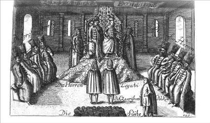 Audience with Ivan V, Peter I and Sophia Alekseyevna from Georg Adam Schleissing Derer beyden Czaaren in Reussland..., 1693