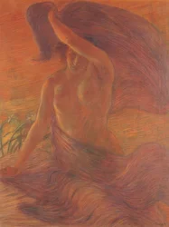 Bare-Breasted Woman Wearing a Veil as a Dress