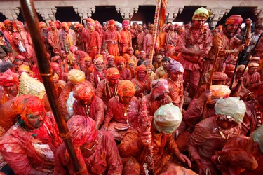 Barsana Villagers Celebrating Holi in Nandgaon, India