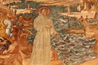 Basilica di Santa Caterina, Galatina, Apulia Fresco in the cloister: St Anthony preaching to the fish (Painted by BrJoseph of Gravina in 1696), Galatina, Italy