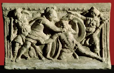 Battle scene from a cinerary urn, Etruscan
