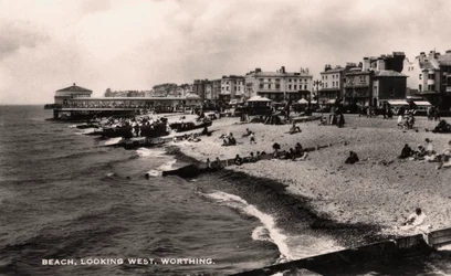 Beach, looking west, Worthing, Sussex, 1935