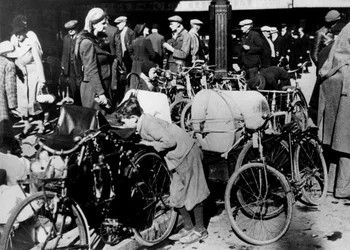 Belgian Refugees with Their Bicycles and Possessions Outside the Gare du Nord, Paris