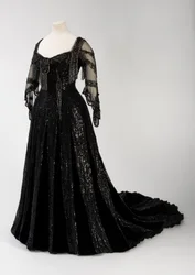 Black full-length evening gown worn by Queen Alexandra, with bead and sequin decoration and incorporating Queen Alexandra