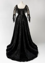 Black full-length evening gown worn by Queen Alexandra, with bead and sequin decoration and incorporating Queen Alexandra