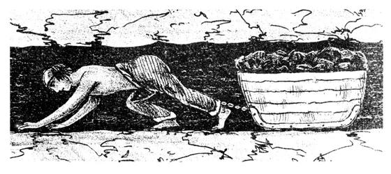 Boy putter dragging a sledge of coal along a narrow seam, South Wales, 1848