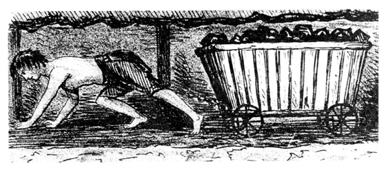 Boy Putter Drawing a Truck Containing Coal Along a 24 Inch High Seam, Halifax, Yorkshire, 1848