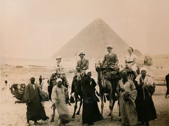 British Tourists Seated on Camels in Front of The Great Pyramid, Giza, Egypt, 1936