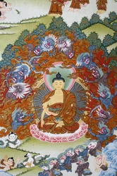 Buddha Sakya Muni surrounded by temptation, Thangka, Bhaktapur, Nepal