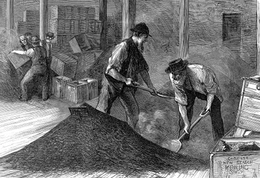 Bulking tea in the warehouses of the East & West India Dock Company, London, 1874