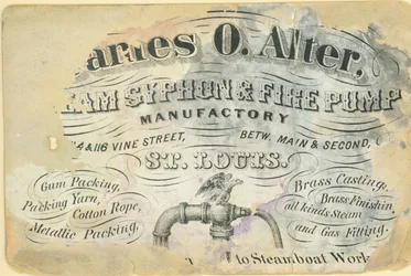 Business card of James O. Alter, steam syphon and fire pump manufactory, St. Louis, ca. 1870