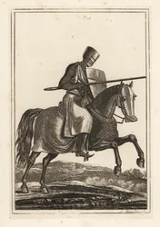 Charging knight of the 12th and 13th century in chainmail hawberk, flat helmet, lance, heater shield, shin armour jambesons, war saddle