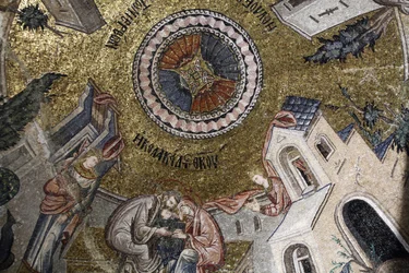 Chora Church Museum: Mosaic Depicting the Virgin Mary Receiving Love from Her Parents Joachim & Anne, Istanbul, Turkey