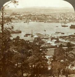 Christiania and Her Busy Harbor, N.W. from the Ekeberg Royal Palace at Right, Norway