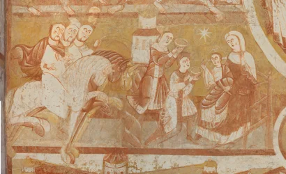 Church (Église Saint-Martin). Interior. Wall Paintings (Fresco). West Wall of the Nave. (Detail) Arrival of the Magi, Adoration of the Magi. 12th Century