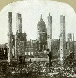 City Hall - Photographer in Foreground - Tall Brick Chimneys Left Standing