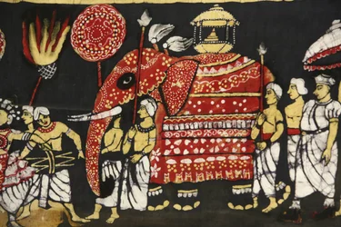 Cloth print depicting the sacred Buddha tooth relic pilgrimage in Kandy, Sri Lanka, Paris, France
