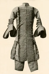 Coat and breeches of silk trimmed with fancy braid, c1680, 1937