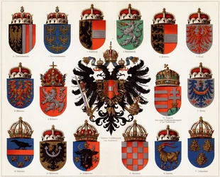 Coats of Arms of Counties of Austria-Hungary and Small Austrian National Coat of Arms, c. 1907