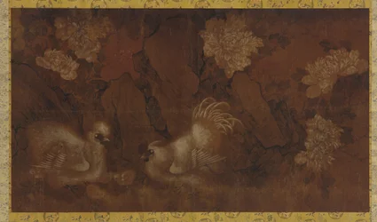 Cock, hen and chickens near peony shrubs, Qing dynasty, 18th century.