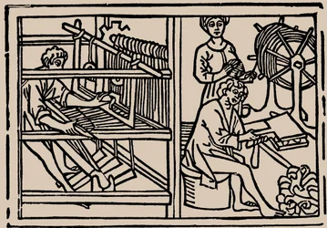 Combing, spinning and weaving of wool. From Speculum Vitae Humanae by Rodericus Zamorensis