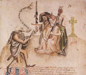 Coronation of King Alexander III on Moot Hill, Scone. From a manuscript of the Scotichronicon by Walter Bower