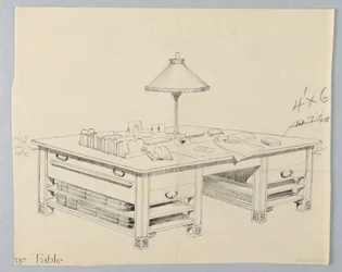 Design for Massive Library Storage Table with Two Open Stretcher Shelves on Either Side, 1900–05
