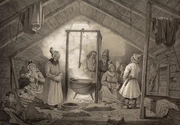The Interior of a Peasant Hut in Finmark. Illustration from the book Norway Represented in Drawings by Asbjørnsen, P.Chr. and published by Chr. Tønsberg (1848). Sunday-dressed Sami in a hearth room. 