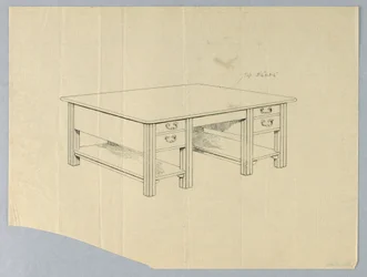 Drawing, Design for Massive Library Table with Square Fluted Legs and Open Stretcher Shelves