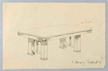 Drawing, Design for Rectangular Library Table #2 with Putti Faces Carved on Each of Rounded Corners