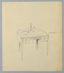 Drawing, Design for Semi-Circular Writing Table with Ornate Carved Panel Center Front