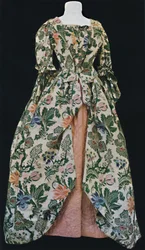 Dress of Spitalfields Silk, with Pink Satin Quilted Petticoat