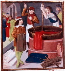 Dyers Immersing Bolt of Cloth in Vat of Dye Placed Over a Fire, 15th Century