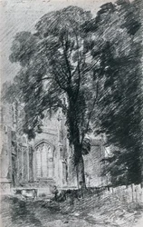 East Bergholt Church: part of the west end seen beyond a group of elms