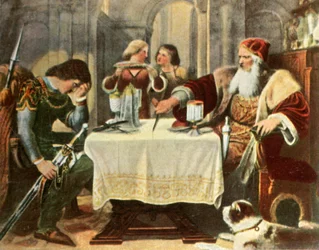 Eberhard cuts in half the tablecloth between himself and his son Ulrich