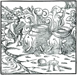 Evaporating sea water in iron pots to obtain salt, 1556