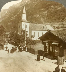 Families and neighbors on a summer Sunday morning at village church, Odde, Norway, c. 1905