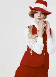 Young Woman Wearing a Red Hat and Outfit