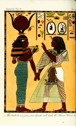 Figure of the Egyptian goddess Hathor with King Seti I from his tomb in Thebes, discovered by Giovanni Battista Belzoni