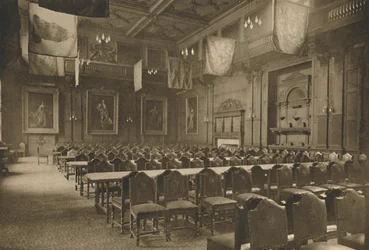 Flag-Hung Great Hall in Which the Powerful Company of Grocers Holds Its Banquets